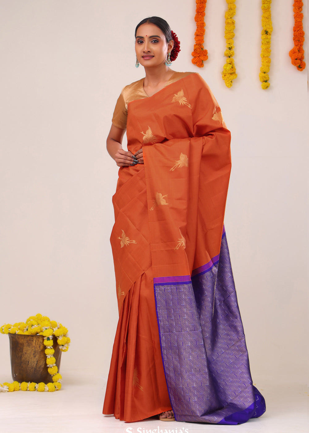 Chinese Orange Stork Kanjivaram Silk Saree