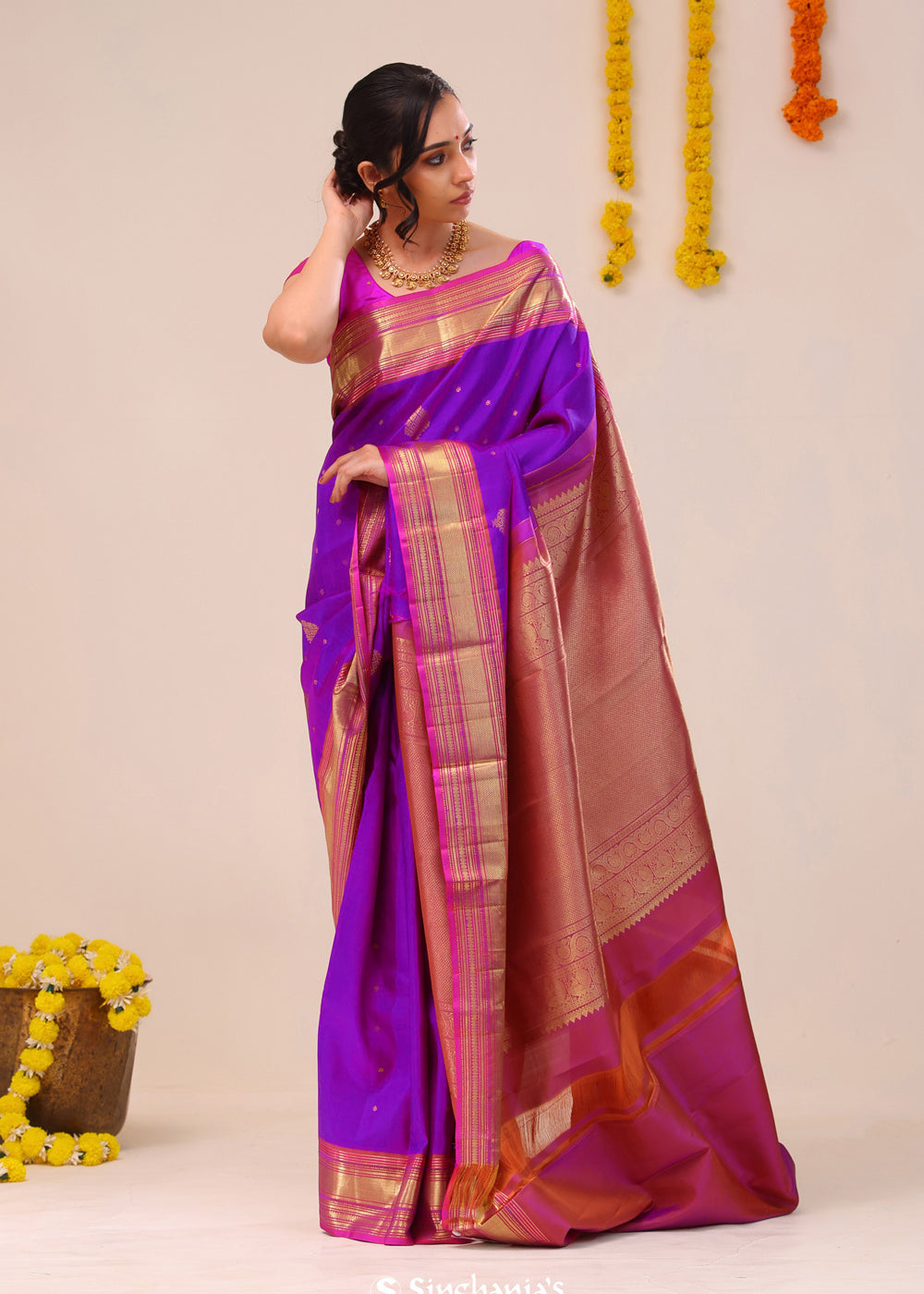 Dark Violet Butta Kanjivaram Silk Saree