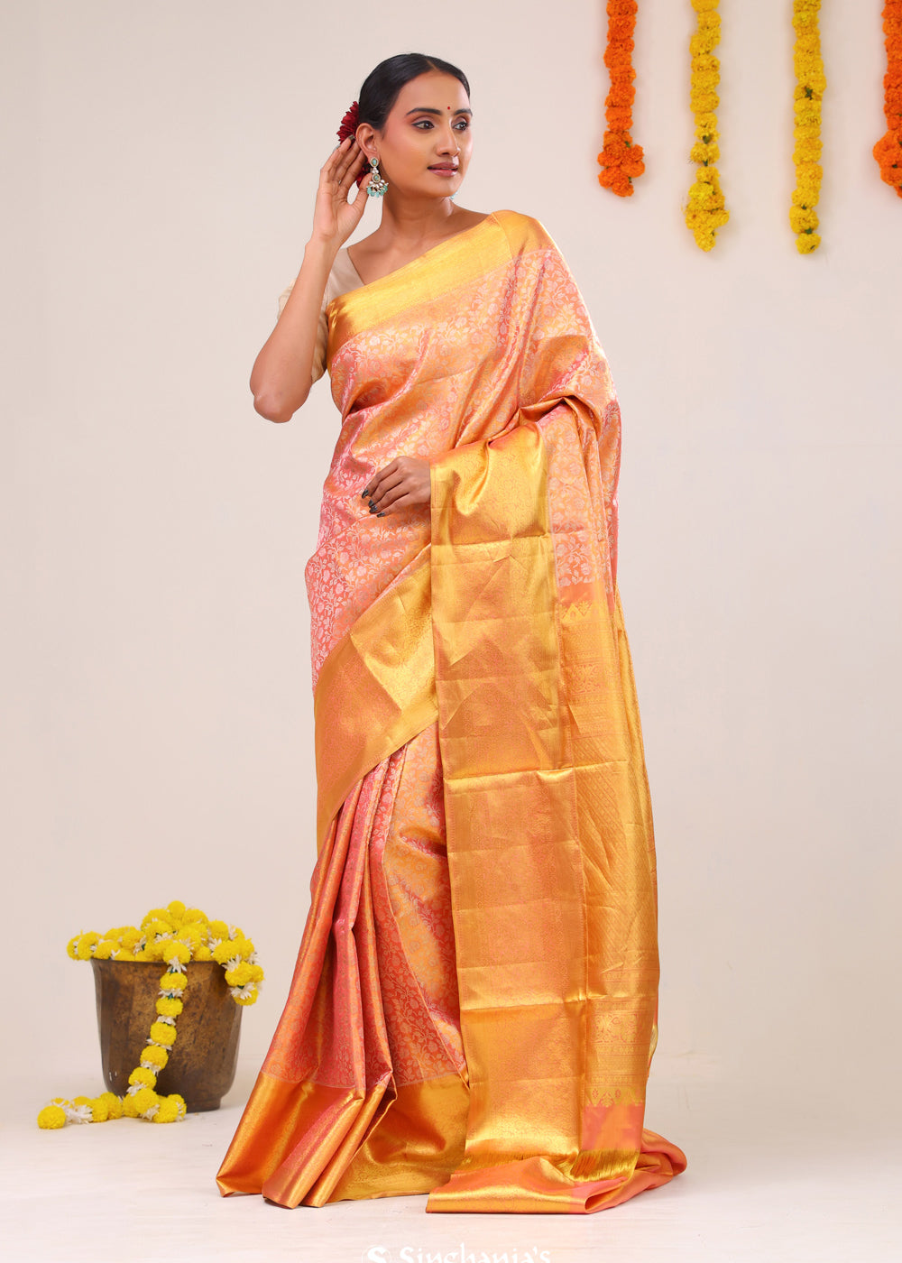 Light Salmon Jaal Kanjivaram Silk Saree