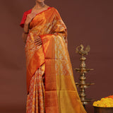 Orange Kanjivaram Saree With Gold Zari Border