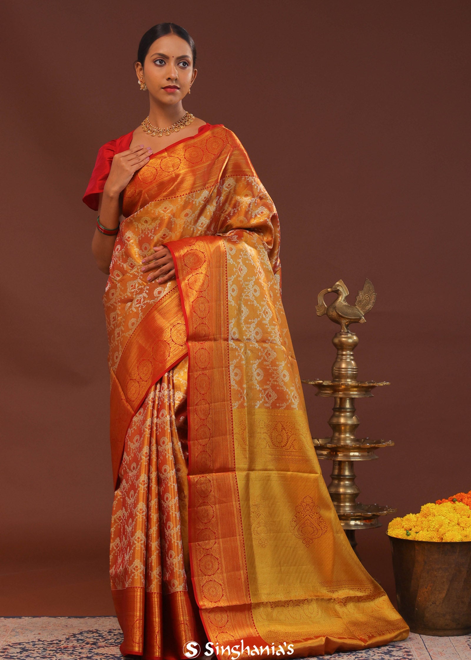 Orange Kanjivaram Saree With Gold Zari Border