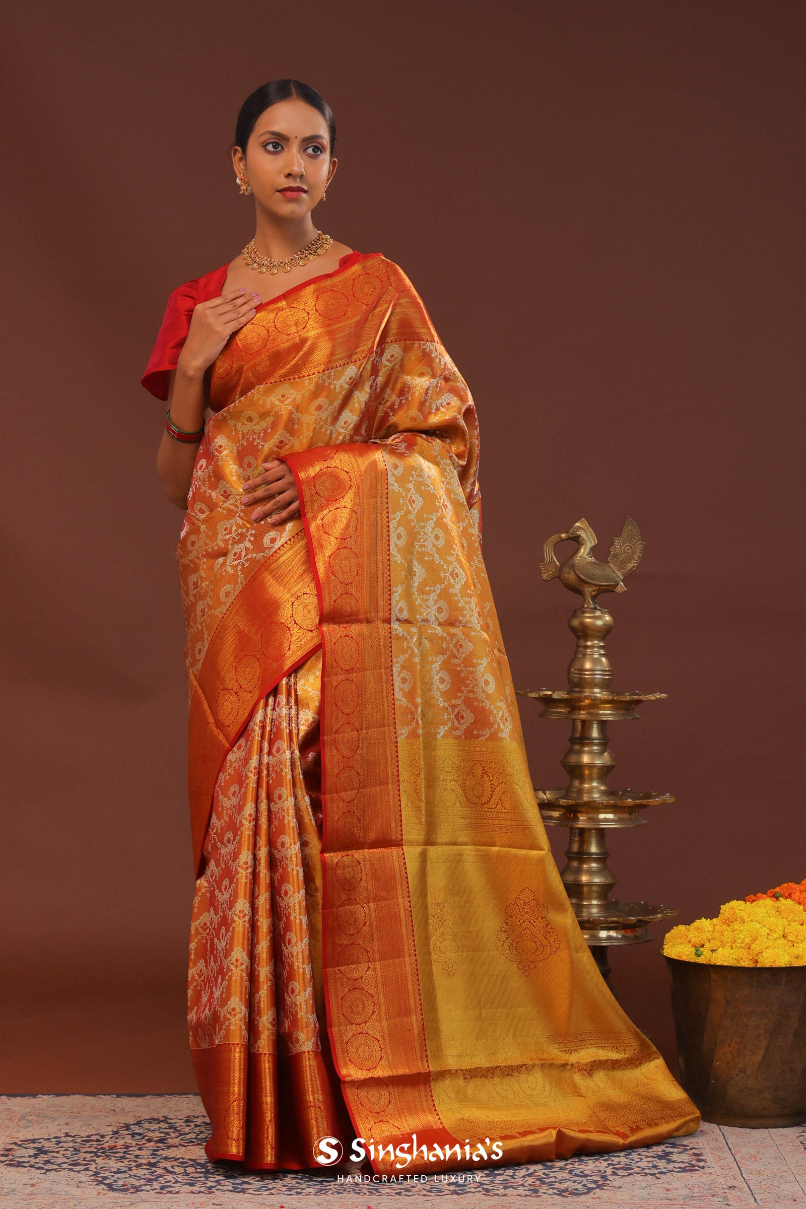 Orange Kanjivaram Saree With Gold Zari Border
