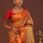Orange Kanjivaram Saree With Gold Zari Border