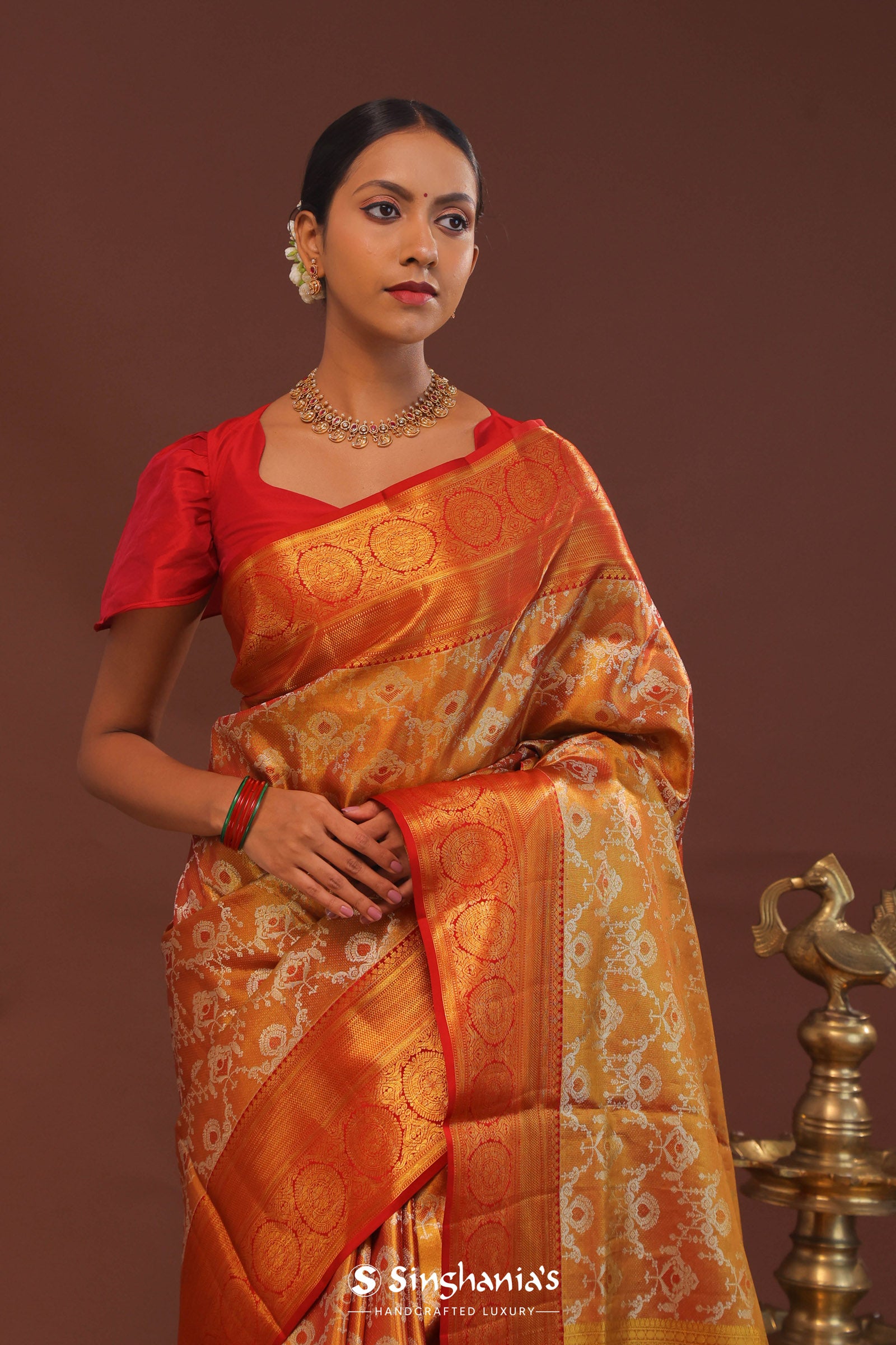 Orange Kanjivaram Saree With Gold Zari Border