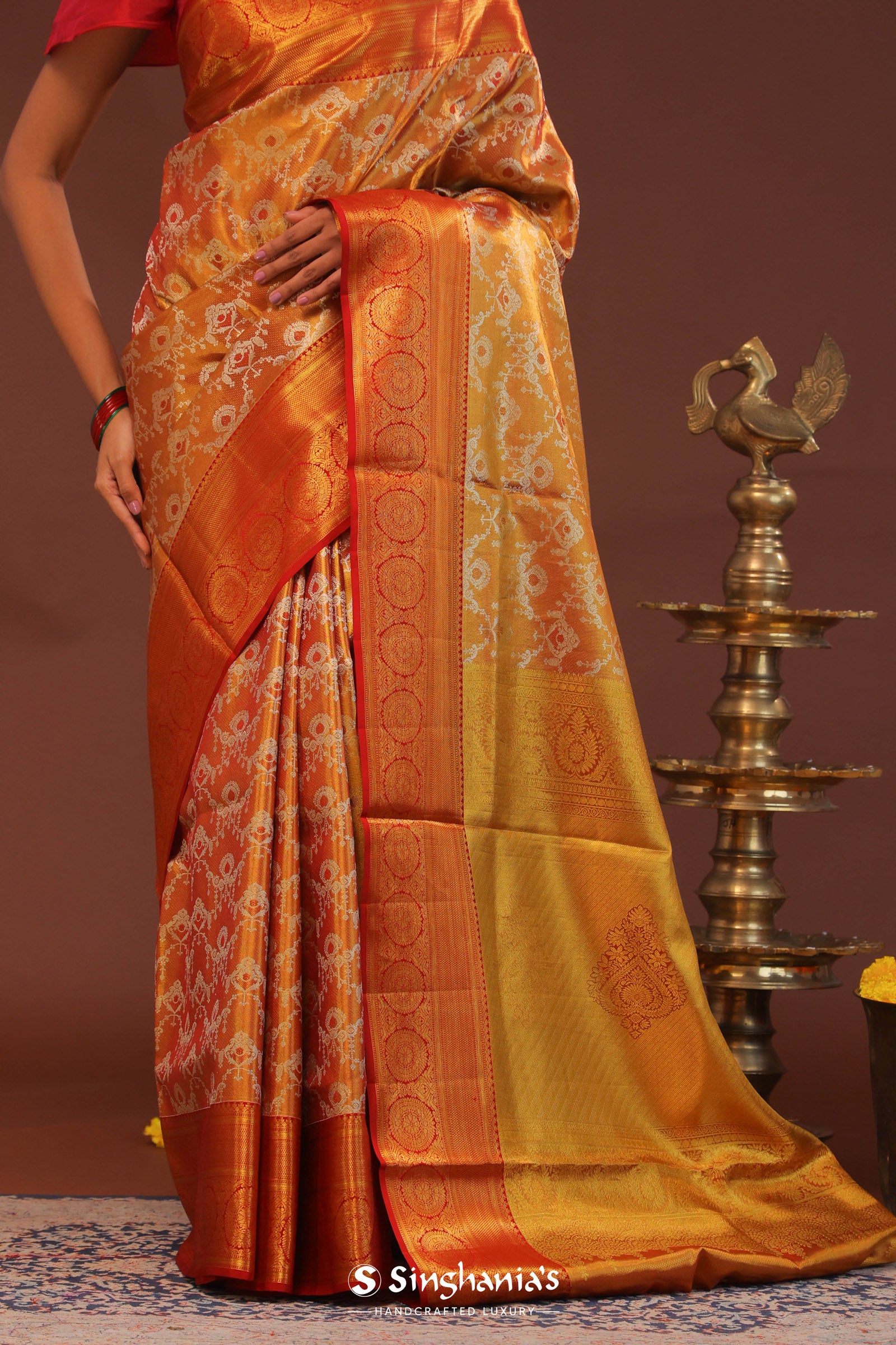 Orange Kanjivaram Saree With Gold Zari Border