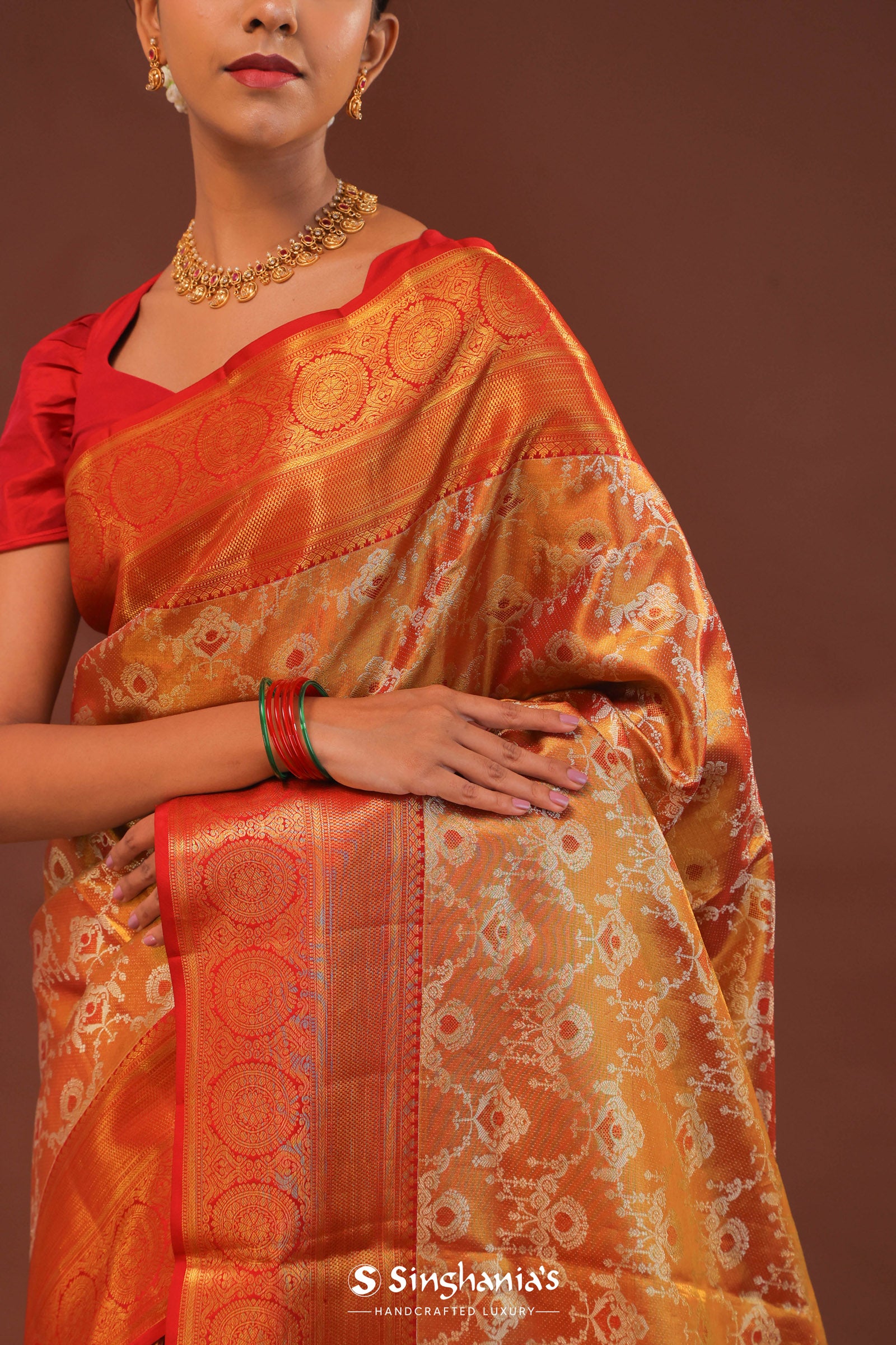 Orange Kanjivaram Saree With Gold Zari Border