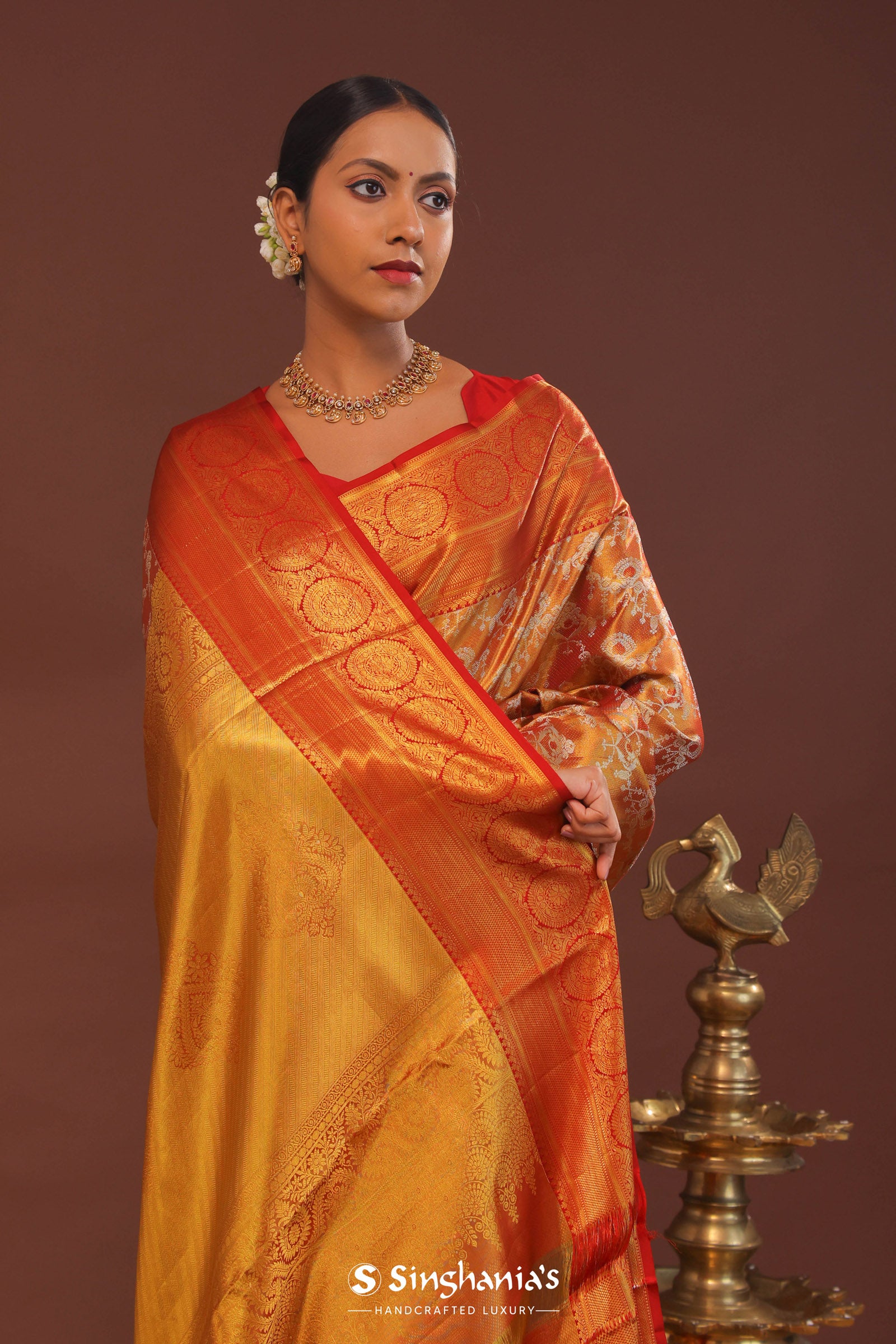 Orange Kanjivaram Saree With Gold Zari Border