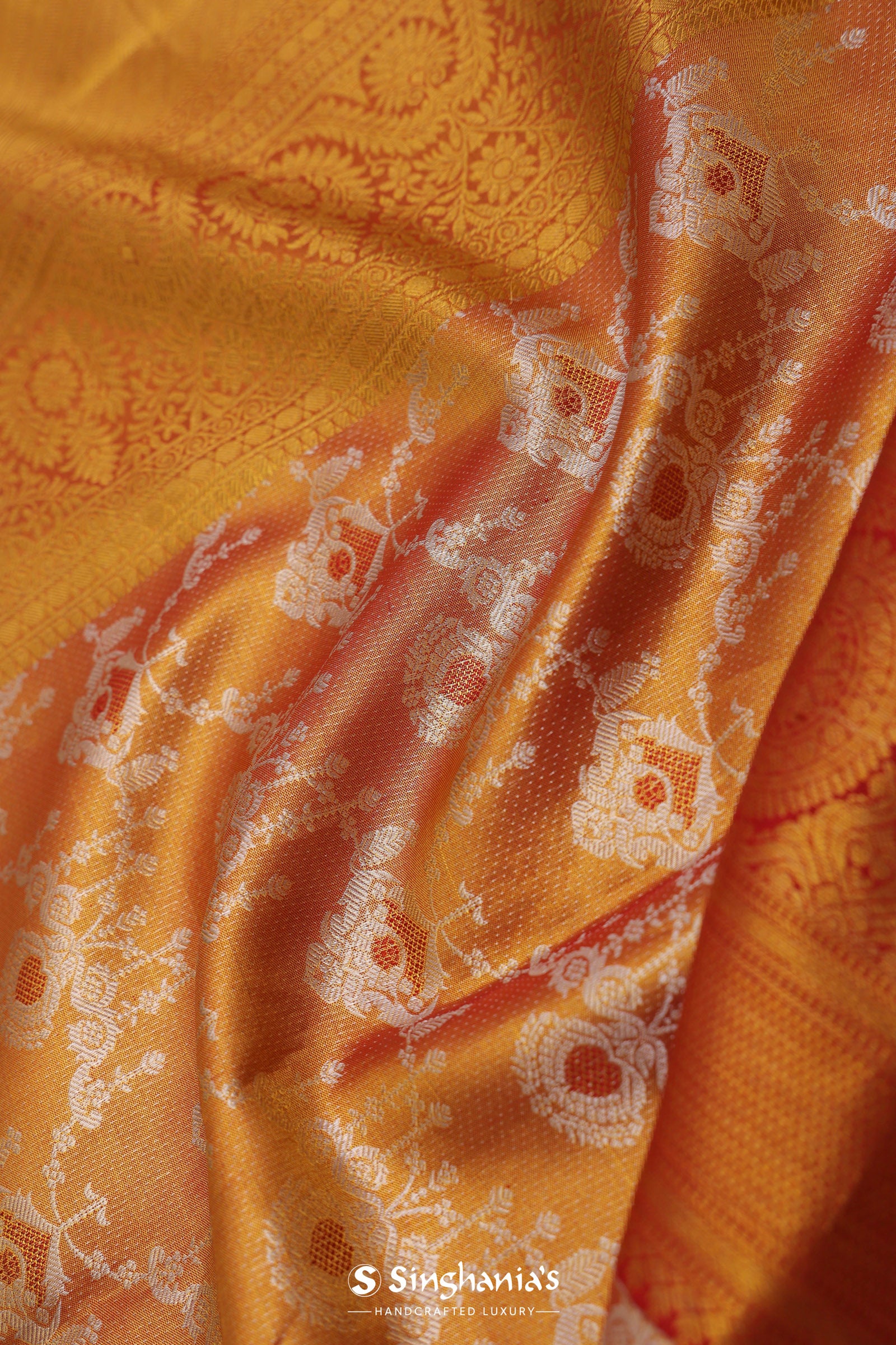 Orange Kanjivaram Saree With Gold Zari Border