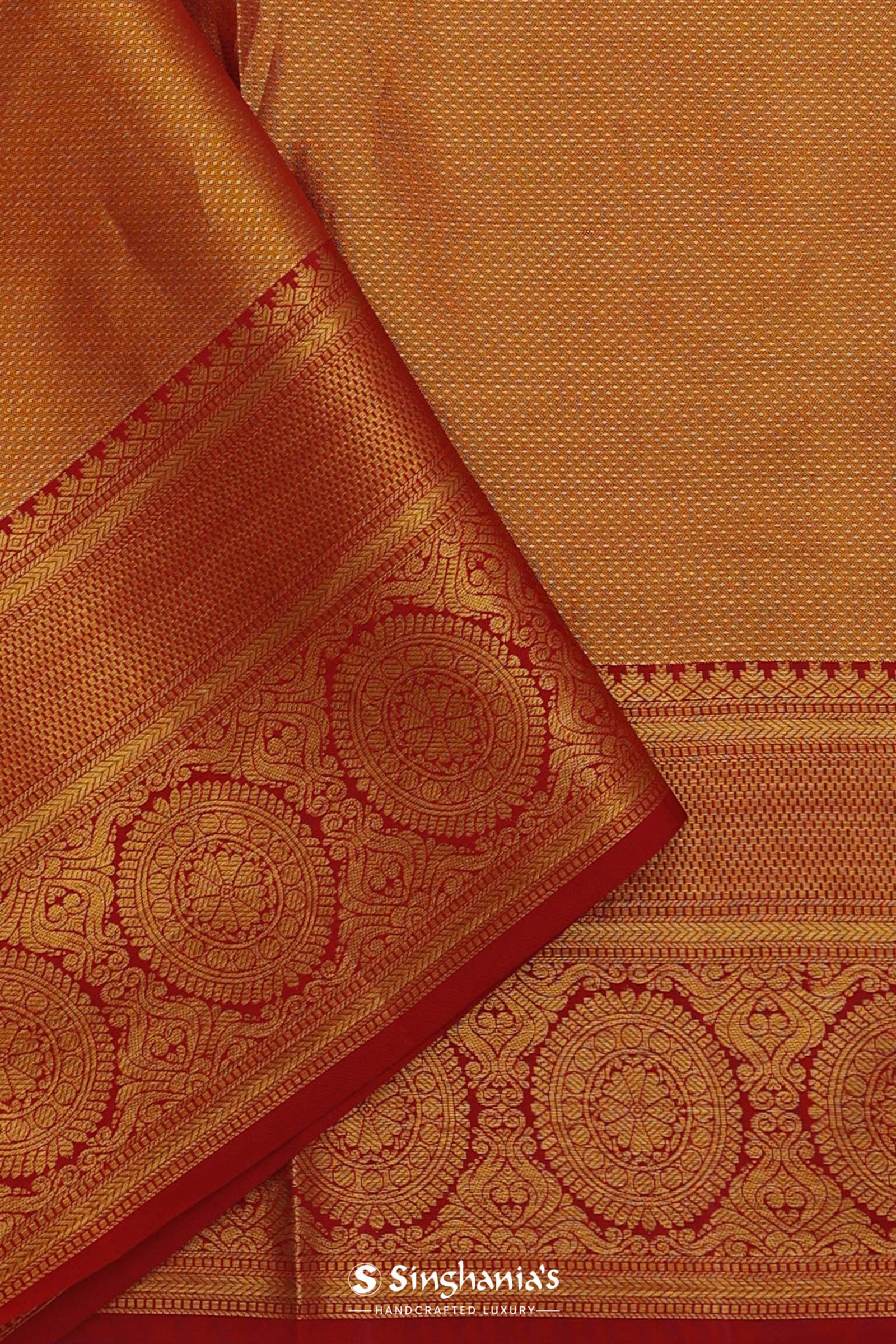 Orange Kanjivaram Saree With Gold Zari Border