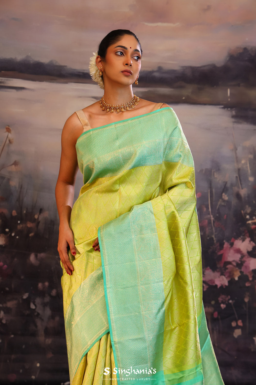Chinese Green Kanjivaram Silk Saree With Contrast Border