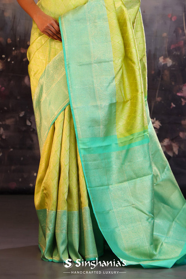 Chinese Green Kanjivaram Silk Saree With Contrast Border
