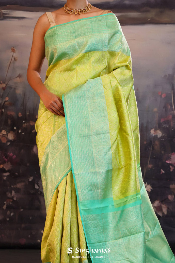 Chinese Green Kanjivaram Silk Saree With Contrast Border