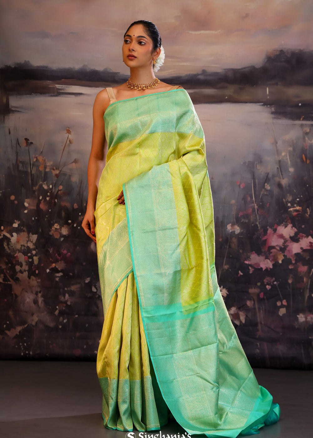 Chinese Green Kanjivaram Silk Saree With Contrast Border