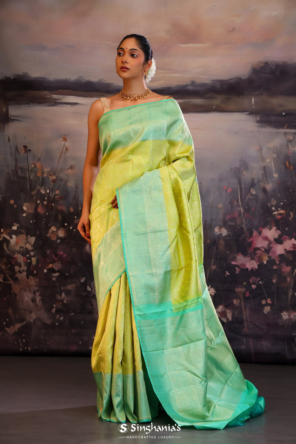 Chinese Green Kanjivaram Silk Saree With Contrast Border