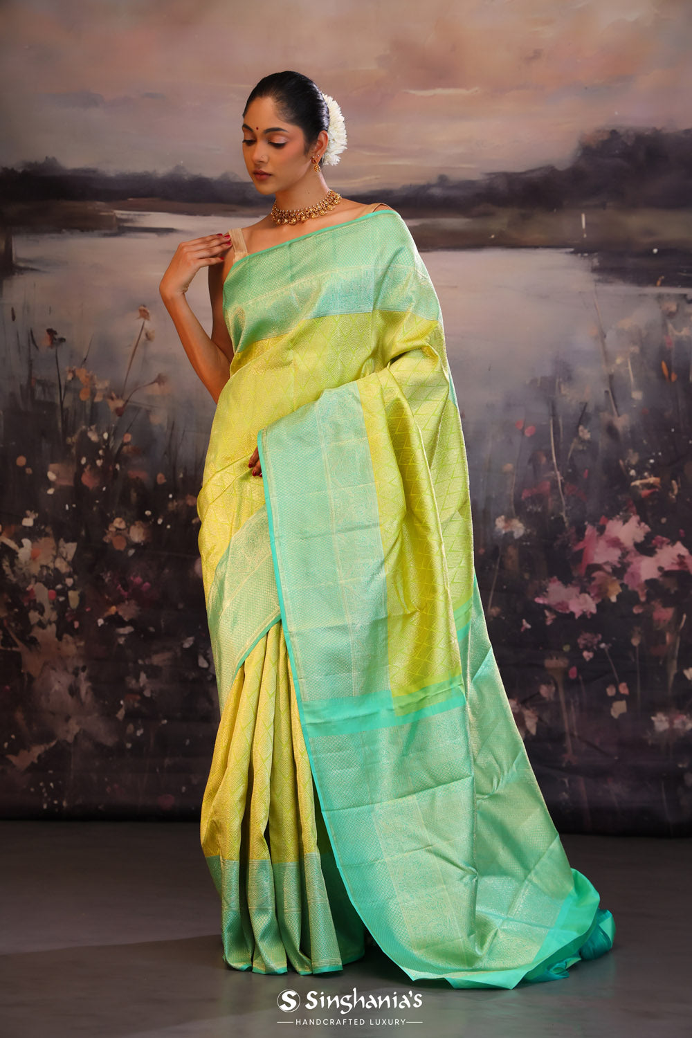 Chinese Green Kanjivaram Silk Saree With Contrast Border