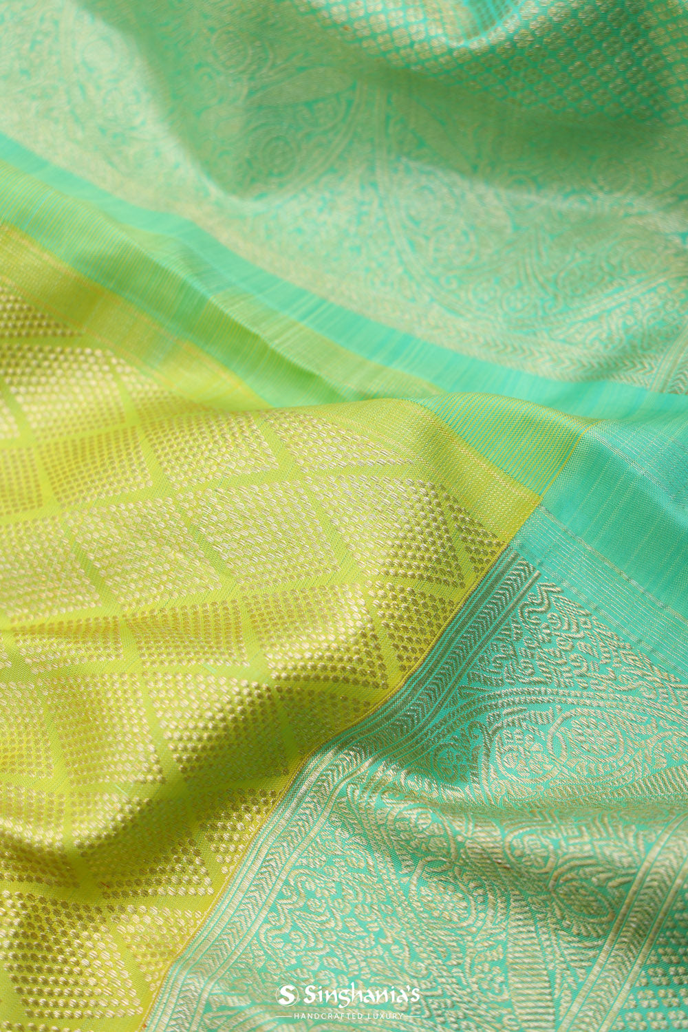 Chinese Green Kanjivaram Silk Saree With Contrast Border