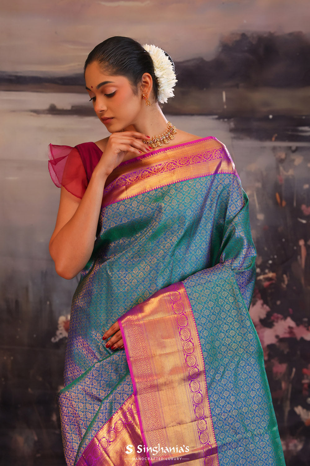 Munsel Blue Kanjivaram Silk Saree With Contrast Border