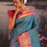 Munsel Blue Kanjivaram Silk Saree With Contrast Border