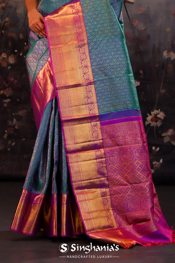 Munsel Blue Kanjivaram Silk Saree With Contrast Border