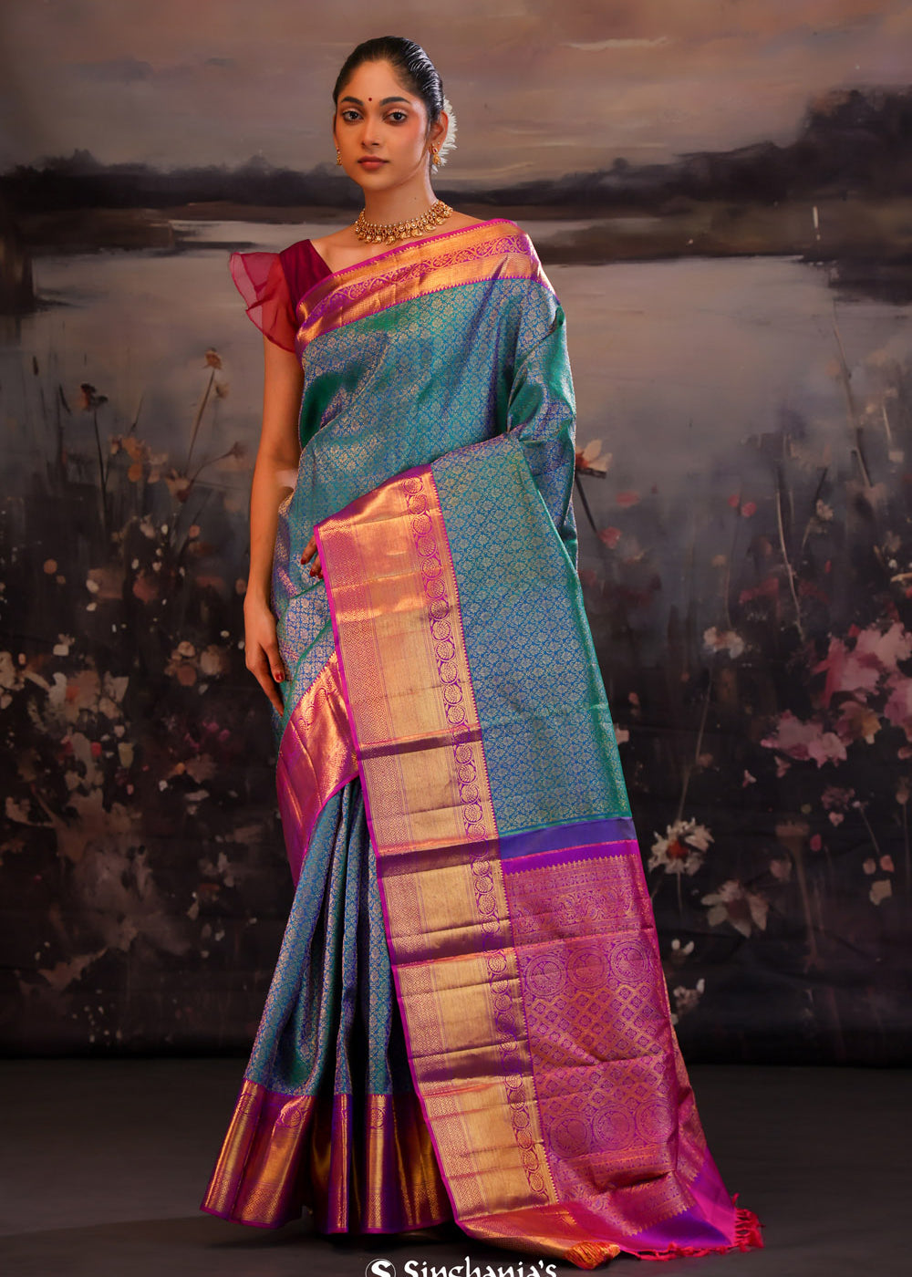 Munsel Blue Kanjivaram Silk Saree With Contrast Border