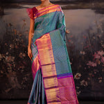 Munsel Blue Kanjivaram Silk Saree With Contrast Border