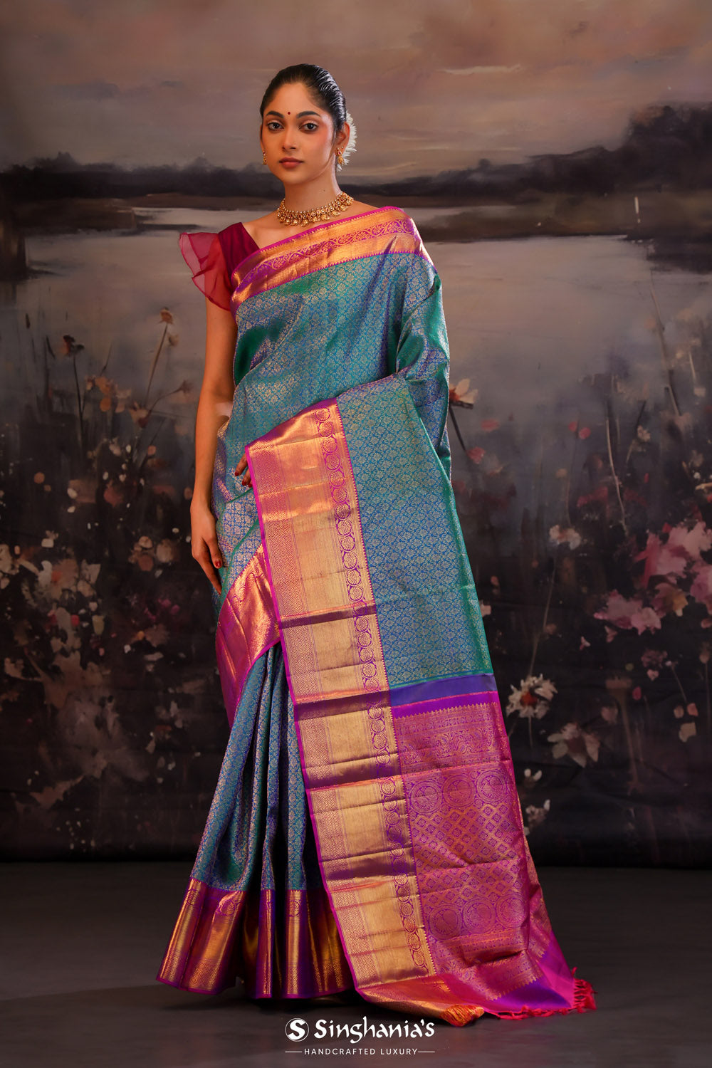 Munsel Blue Kanjivaram Silk Saree With Contrast Border