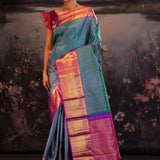 Munsel Blue Kanjivaram Silk Saree With Contrast Border