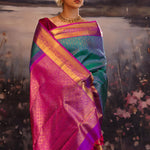 Munsel Blue Kanjivaram Silk Saree With Contrast Border