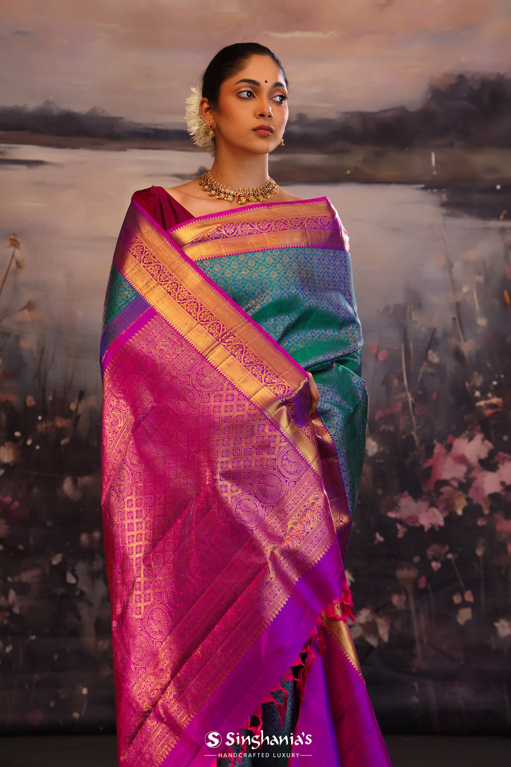 Munsel Blue Kanjivaram Silk Saree With Contrast Border