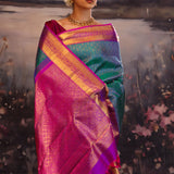 Munsel Blue Kanjivaram Silk Saree With Contrast Border