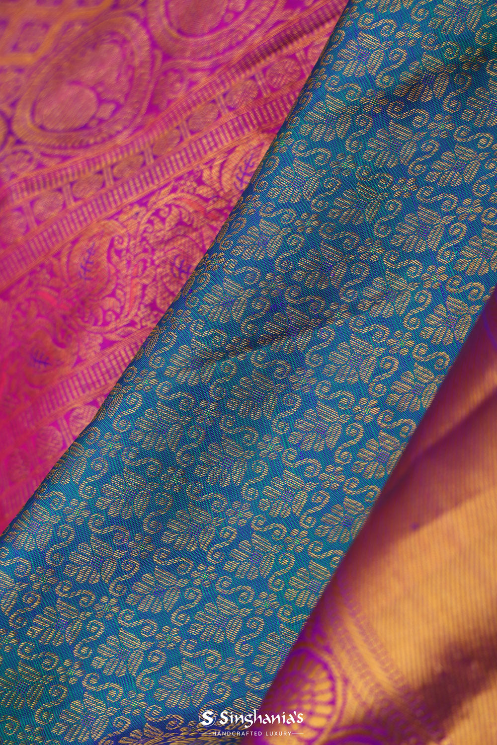 Munsel Blue Kanjivaram Silk Saree With Contrast Border