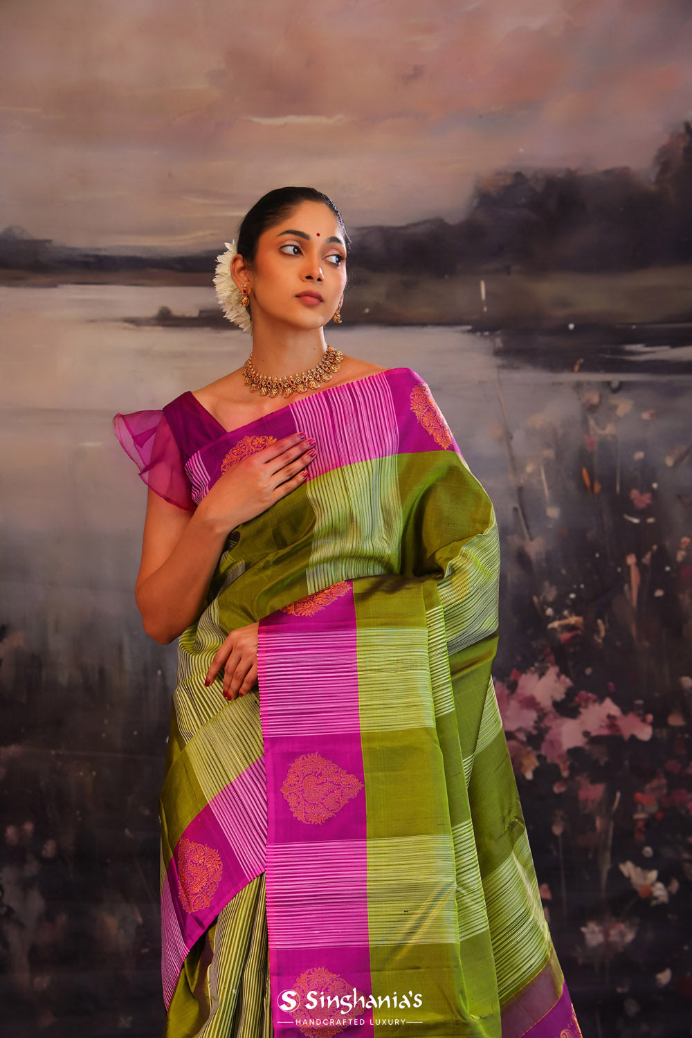 Green Purple Striped Kanjivaram Silk Saree