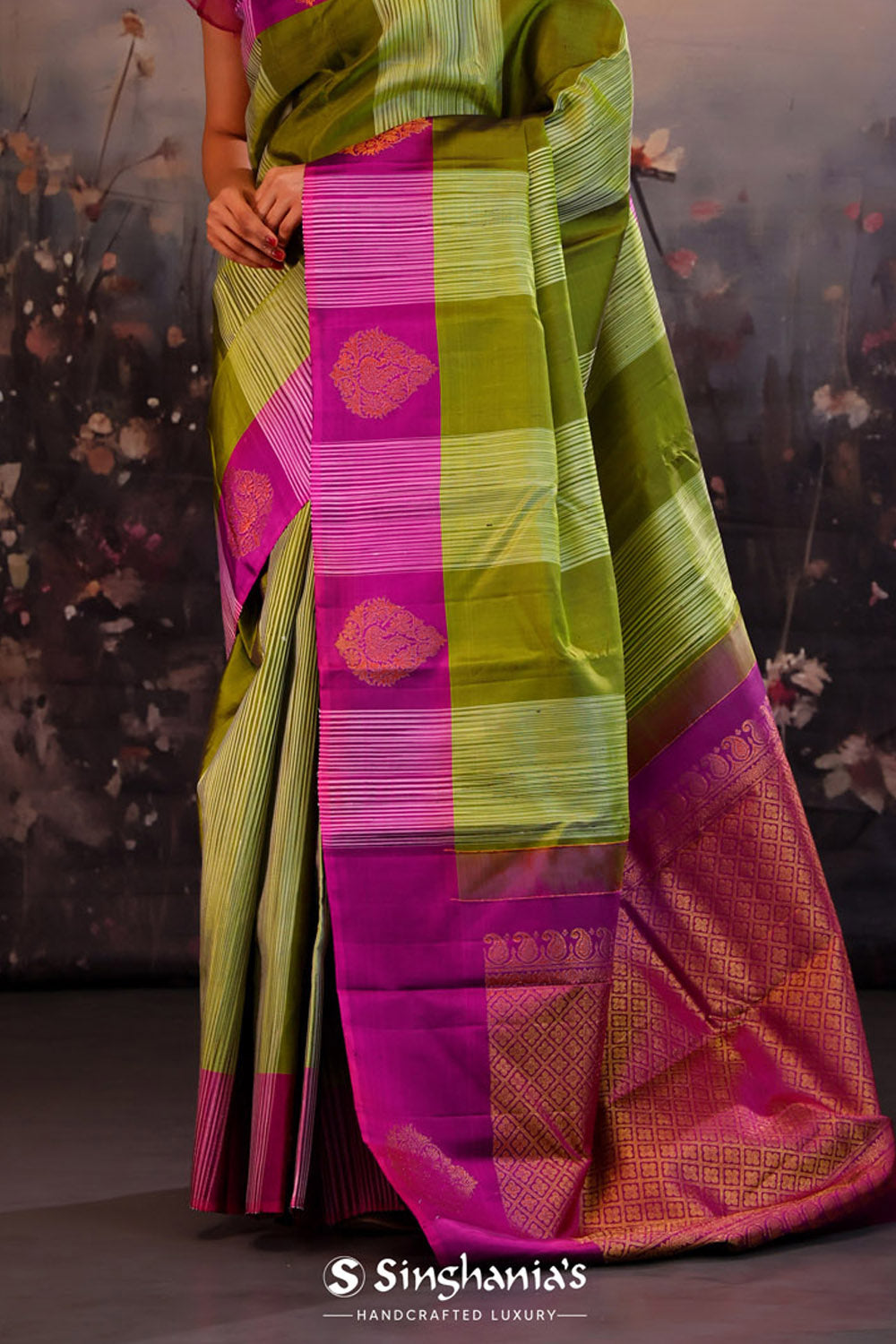 Green Purple Striped Kanjivaram Silk Saree