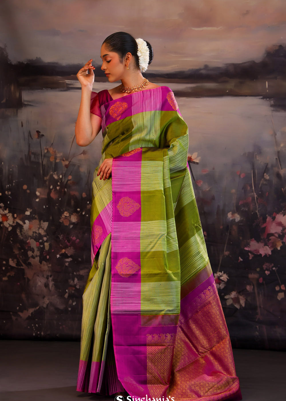 Green Purple Striped Kanjivaram Silk Saree