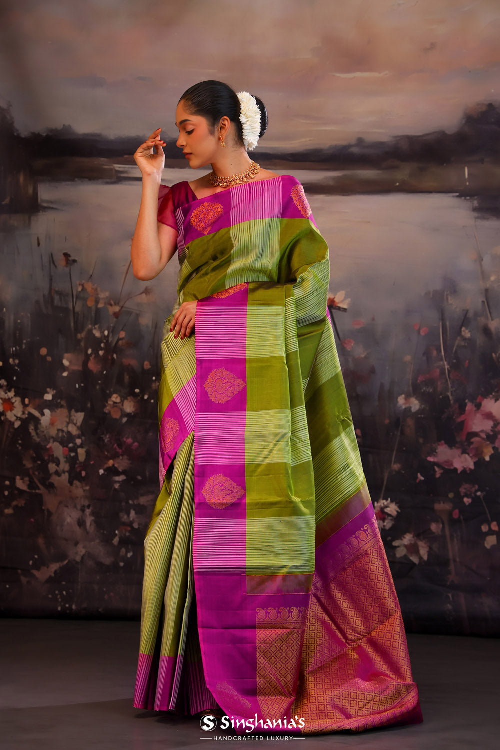 Green Purple Striped Kanjivaram Silk Saree