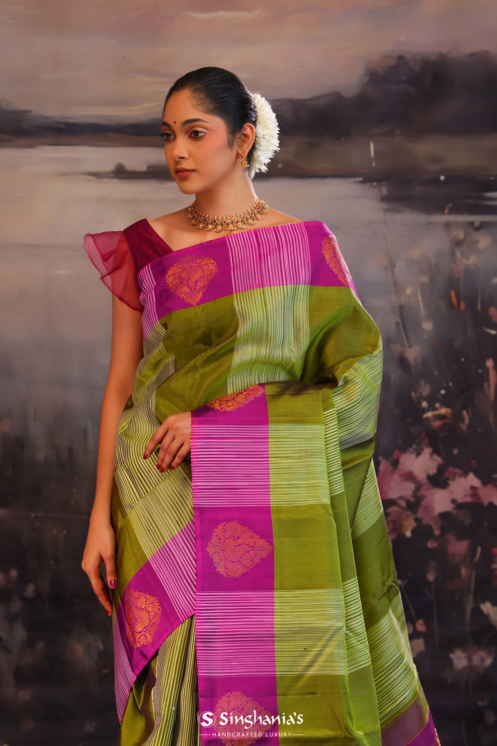 Green Purple Striped Kanjivaram Silk Saree