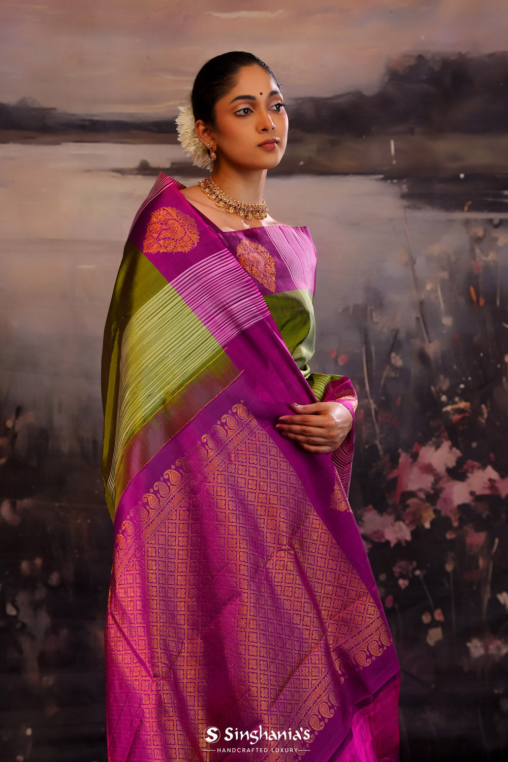Green Purple Striped Kanjivaram Silk Saree