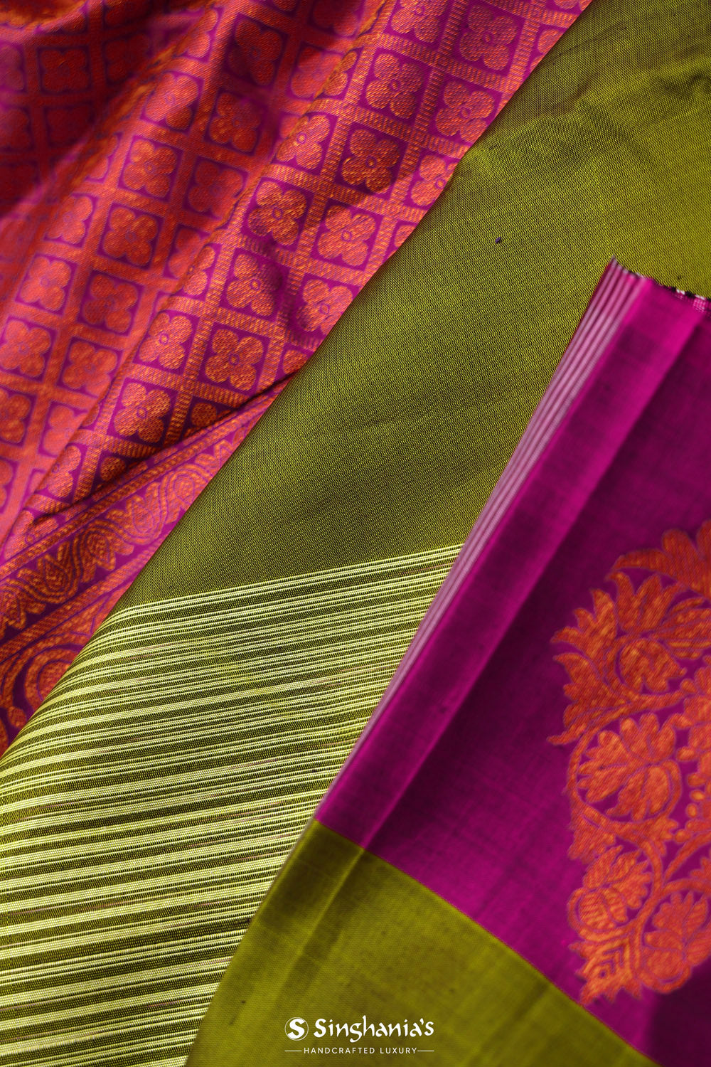 Green Purple Striped Kanjivaram Silk Saree
