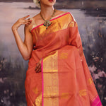 Deep Orange Kanjivaram Silk Saree With Contrast Border