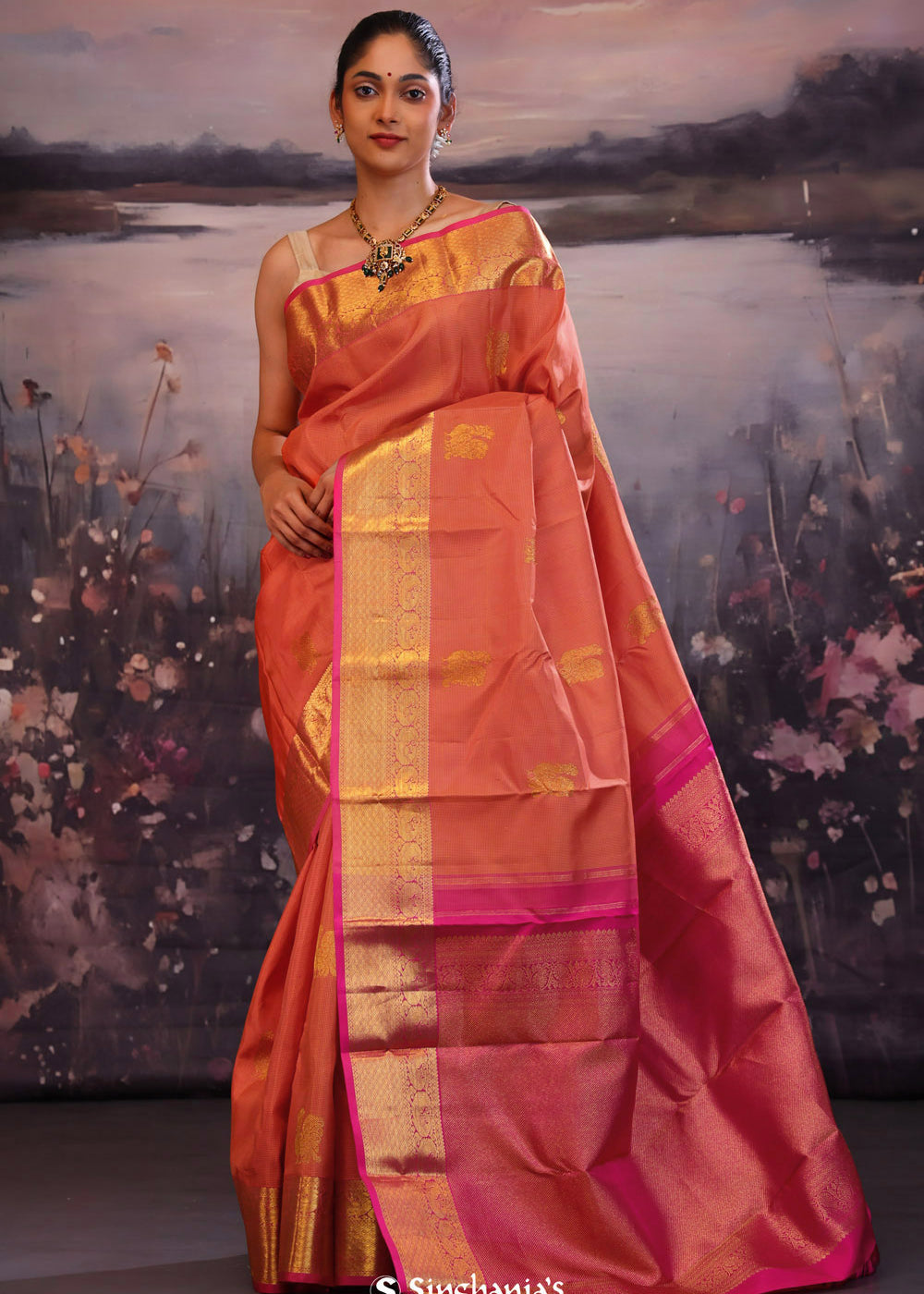 Deep Orange Kanjivaram Silk Saree With Contrast Border