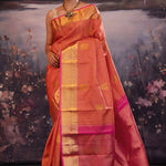 Deep Orange Kanjivaram Silk Saree With Contrast Border