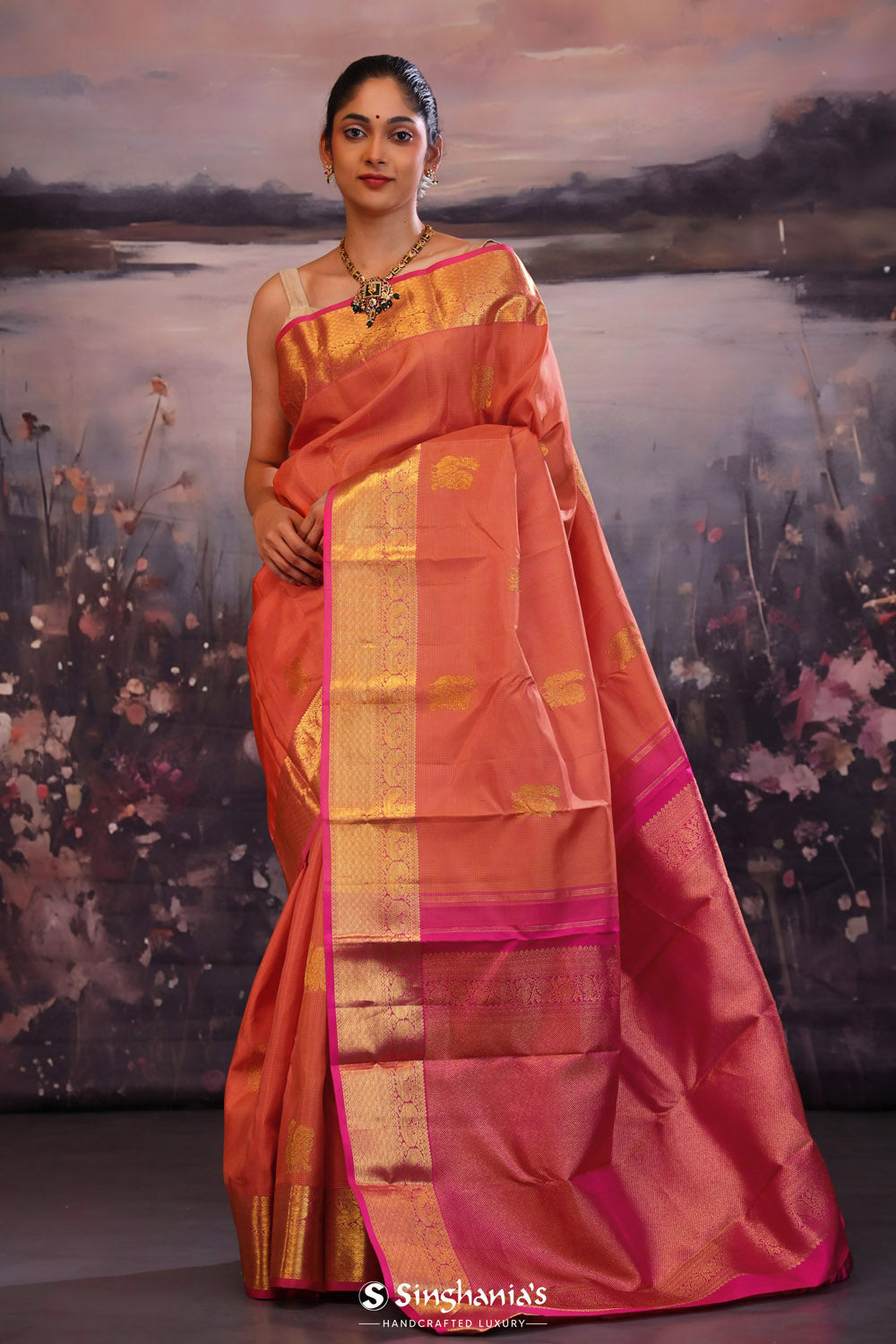 Deep Orange Kanjivaram Silk Saree With Contrast Border