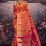 Deep Orange Kanjivaram Silk Saree With Contrast Border