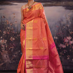 Deep Orange Kanjivaram Silk Saree With Contrast Border