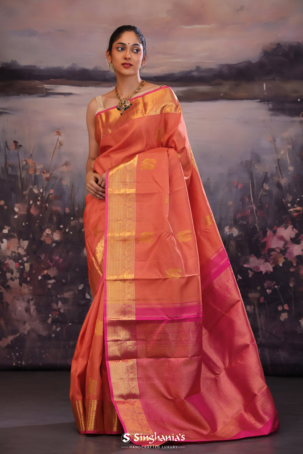 Deep Orange Kanjivaram Silk Saree With Contrast Border