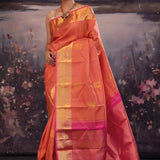 Deep Orange Kanjivaram Silk Saree With Contrast Border