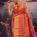 Deep Orange Kanjivaram Silk Saree With Contrast Border