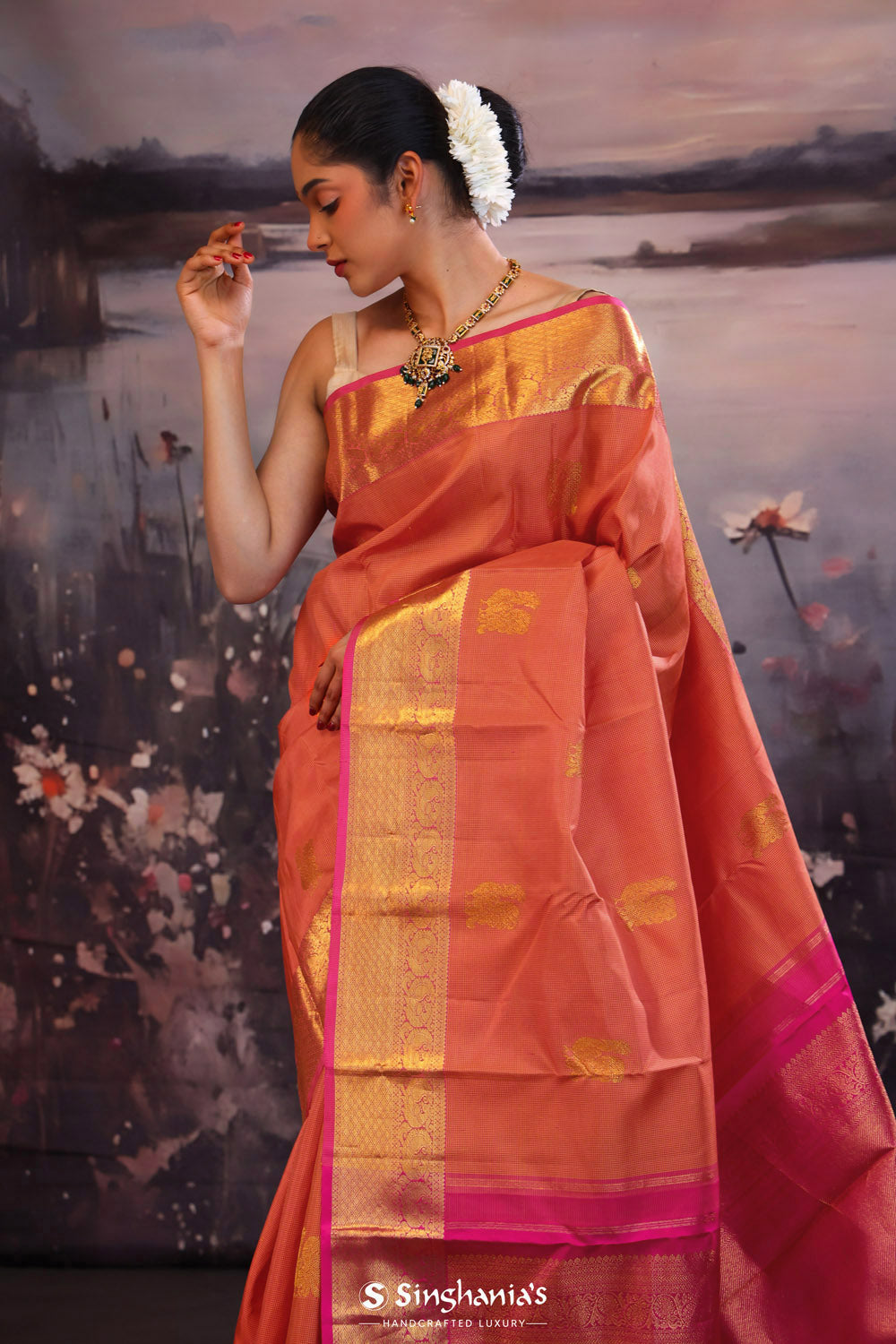 Deep Orange Kanjivaram Silk Saree With Contrast Border