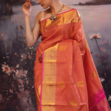 Deep Orange Kanjivaram Silk Saree With Contrast Border