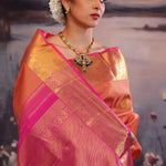 Deep Orange Kanjivaram Silk Saree With Contrast Border